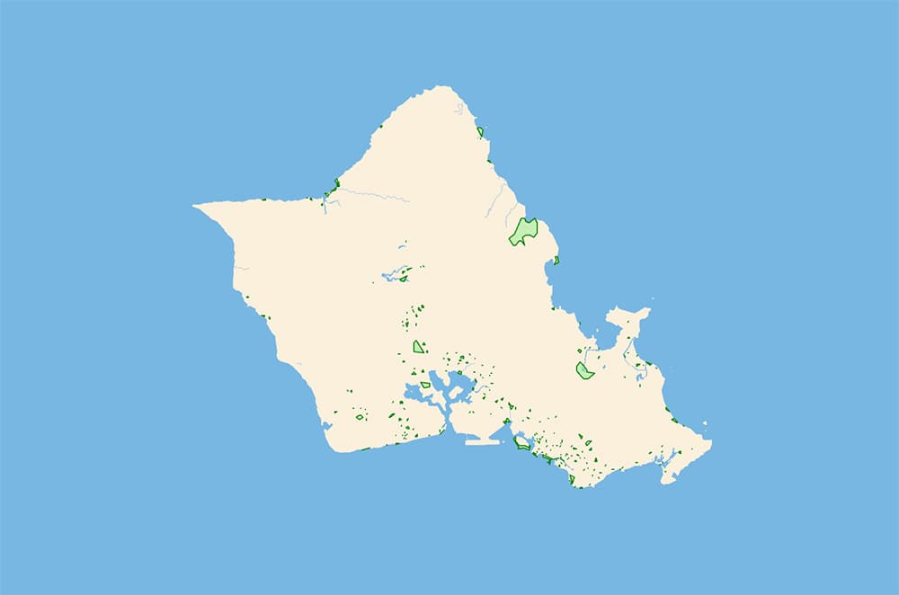 Map of Oʻahu with public park boundaries highlighted